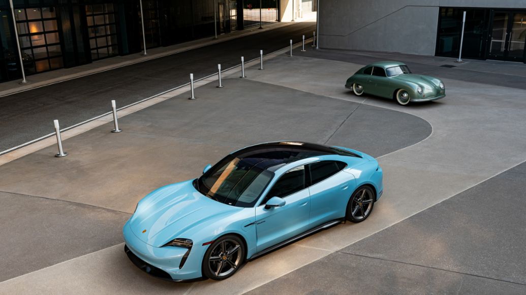 Frozen Blue Metallic 2020 Porsche Taycan Turbo S, Radium Green 1950 Porsche 356, Porsche Experience Center Atlanta, 2020, Porsche Cars North America, Inc.