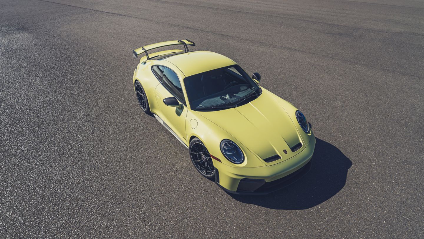 911 GT3 with Weissach Package at Porsche Experience Center Los Angeles Cartagena Yellow Metallic