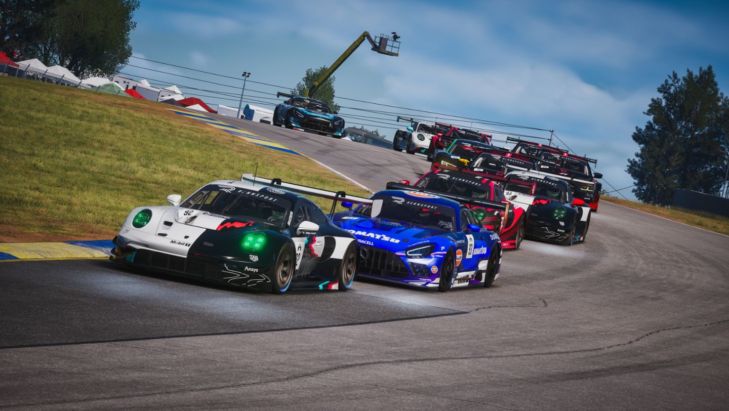 Porsche 911 GT3 R, Charlie Collins, Mitchell deJong, Joshua Rogers, Dayne Warren, Porsche Coanda Esports Racing Team, Esports ESL R1, Road Atlanta, 2024, Porsche AG