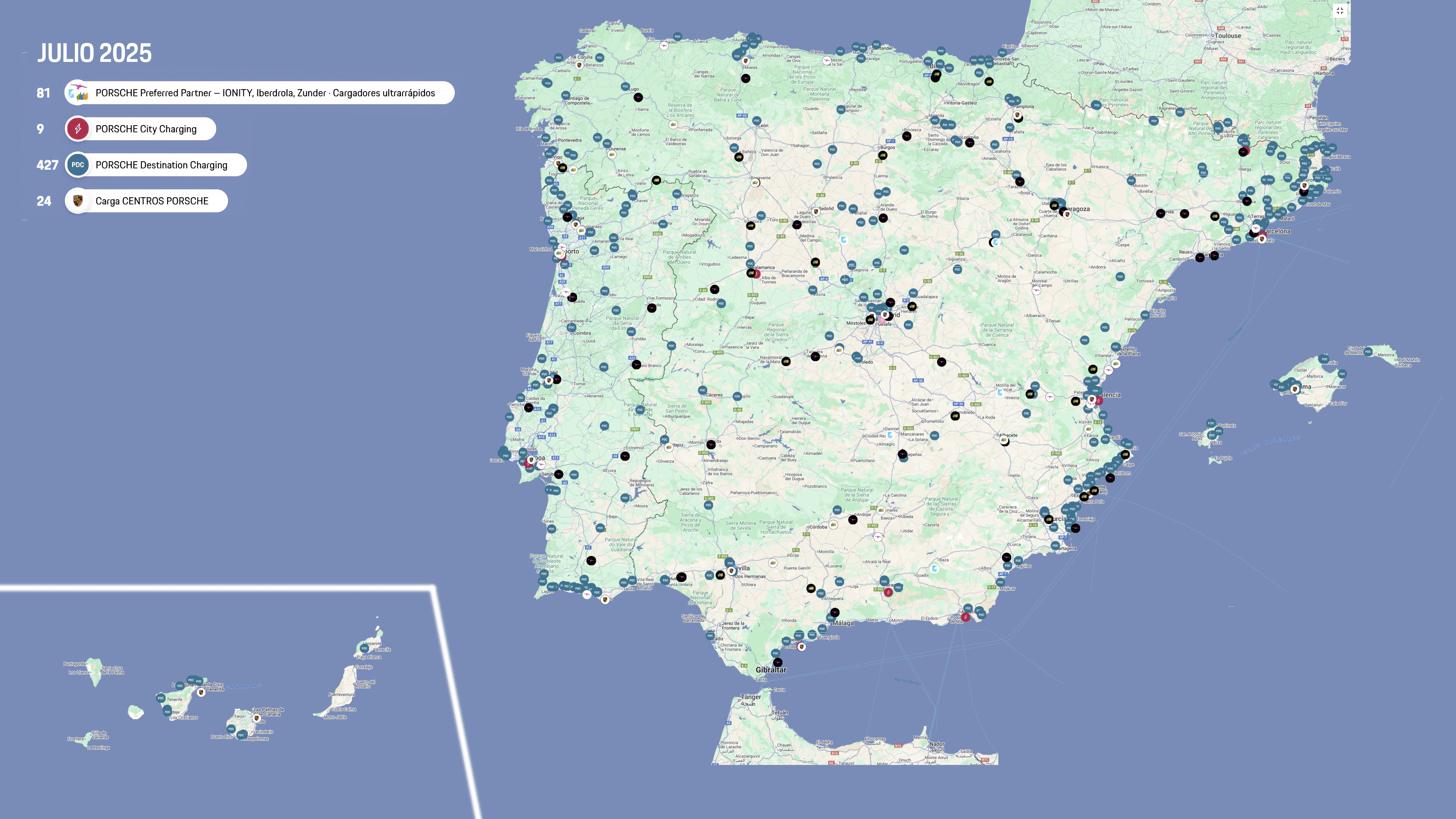 Mapa de infraestructura de carga, 2025, Porsche Ibérica